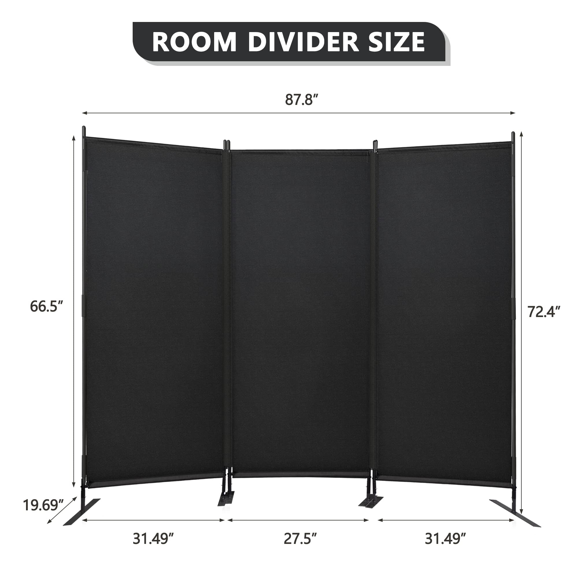 JAXPETY Room Divider Panel 6Ft Privacy Screen Wall Divider 88" W x 73" H Dividers for Room Separation Folding Portable Freestanding Room Partition for Office, Black