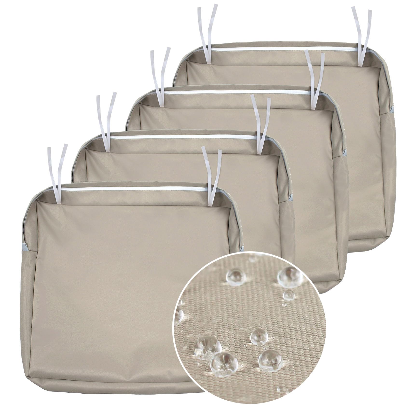 NettyPro Outdoor Cushion Slipcovers Waterproof 4 Pack Patio Chair Seat Cushion Covers with Zipper and Tie, 22 x 20 x 4 Inch, Replacement Cover Only, Khaki