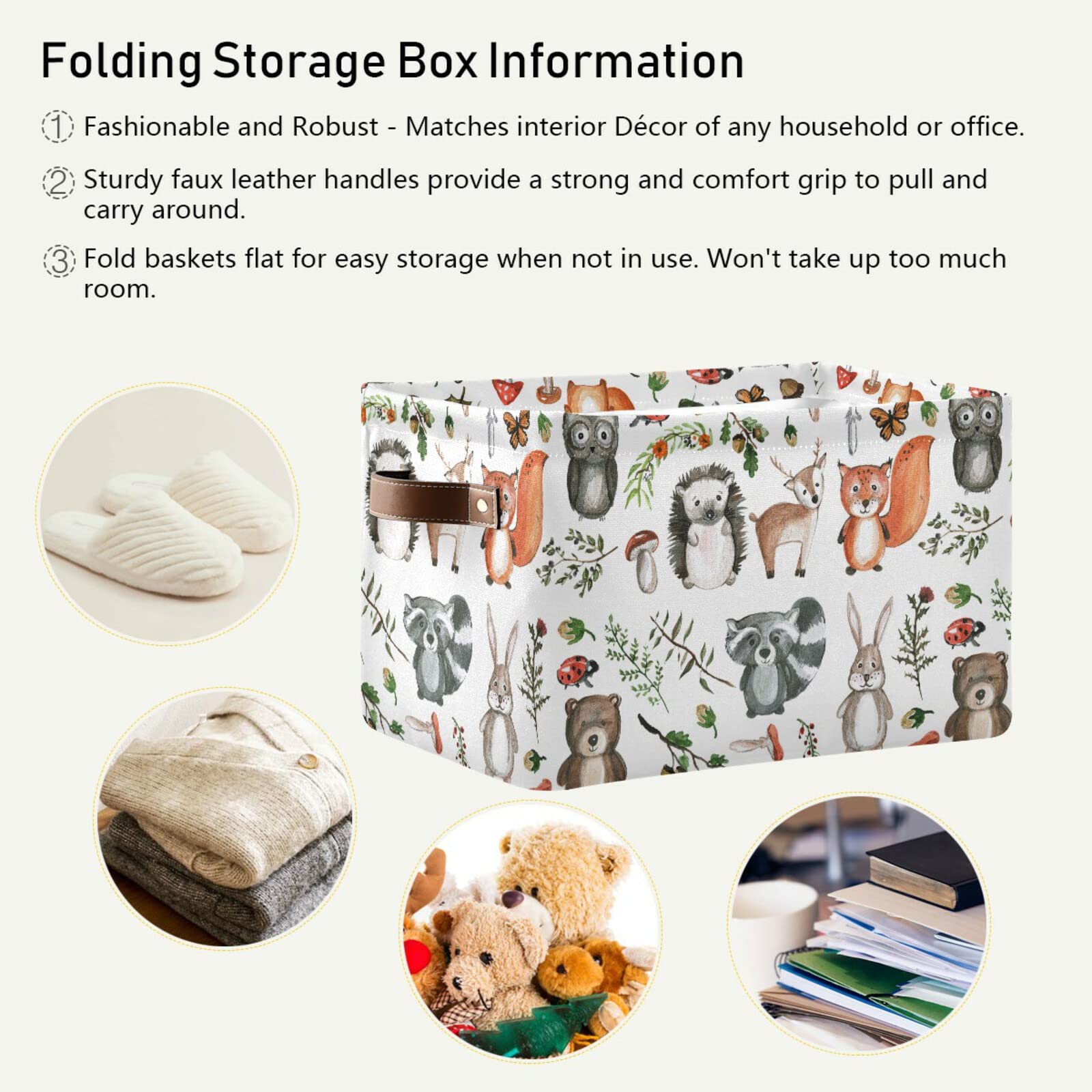 senya Storage Bin Basket 1 pcs Large Foldable Clothes Bag Collapsible Fabric Laundry Hamper Folding Washing Bin (Rectangle-Cute Woodland Animals)