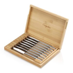 cangshan 1027044 rain ii series 8-piece 420 stainless steel forged steak knife set in bamboo storage chest