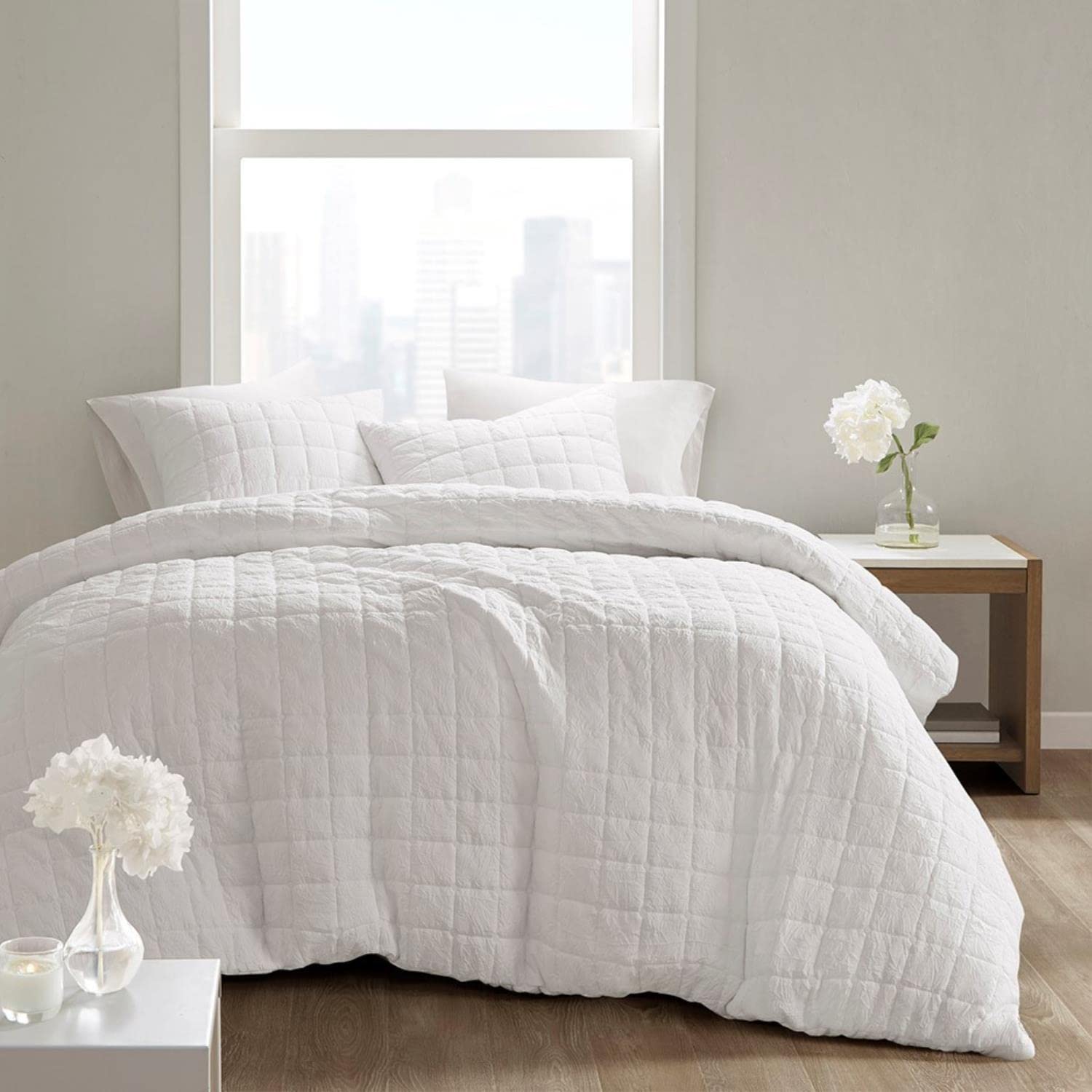 N Natori Cocoon Duvet Classic Box Quilting Design (Insert NOT Included) All Season Soft Oversized Cover for Comforter Bedding Set, Matching Shams, Full/Queen (92 in x 96 in), White 3 Piece