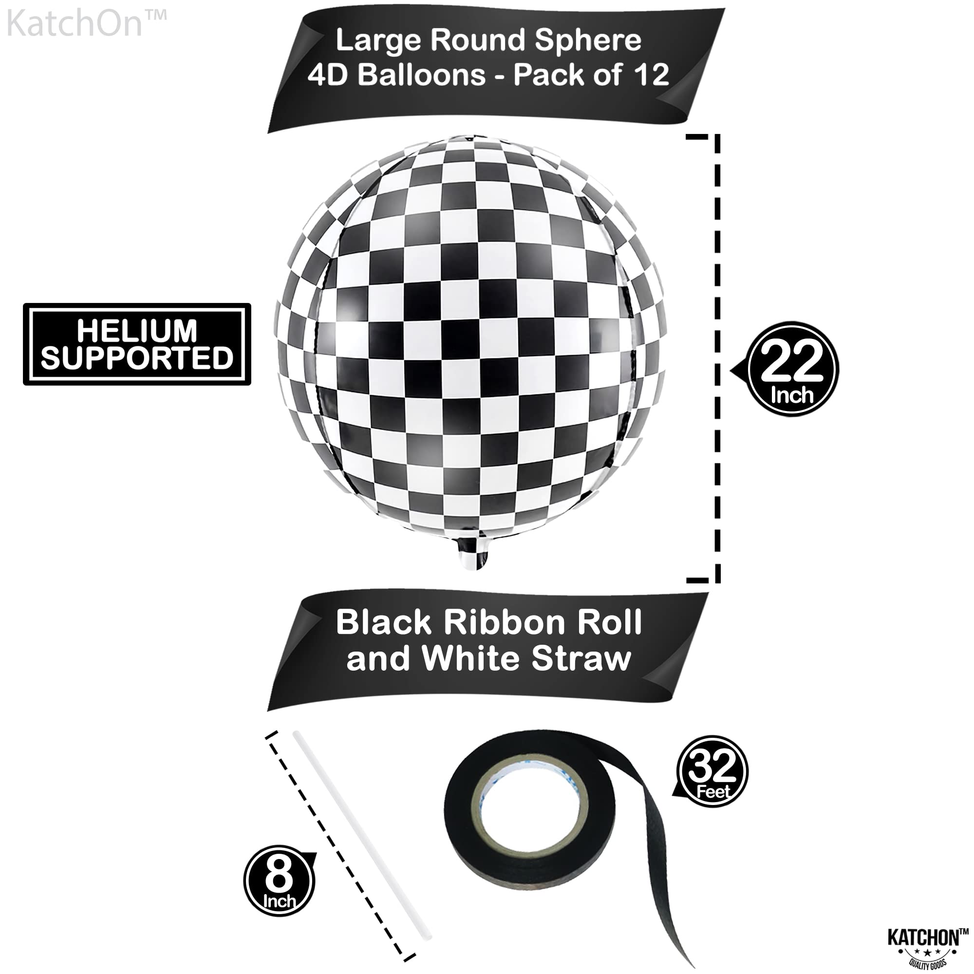 KatchOn, Black and White Checkered Balloons - 22 Inch, Pack of 12 | 4D Race Car Balloons for Emo Party Decorations | Checkered Flag Balloons, Checker Balloons for One Happy Dude Birthday Decorations