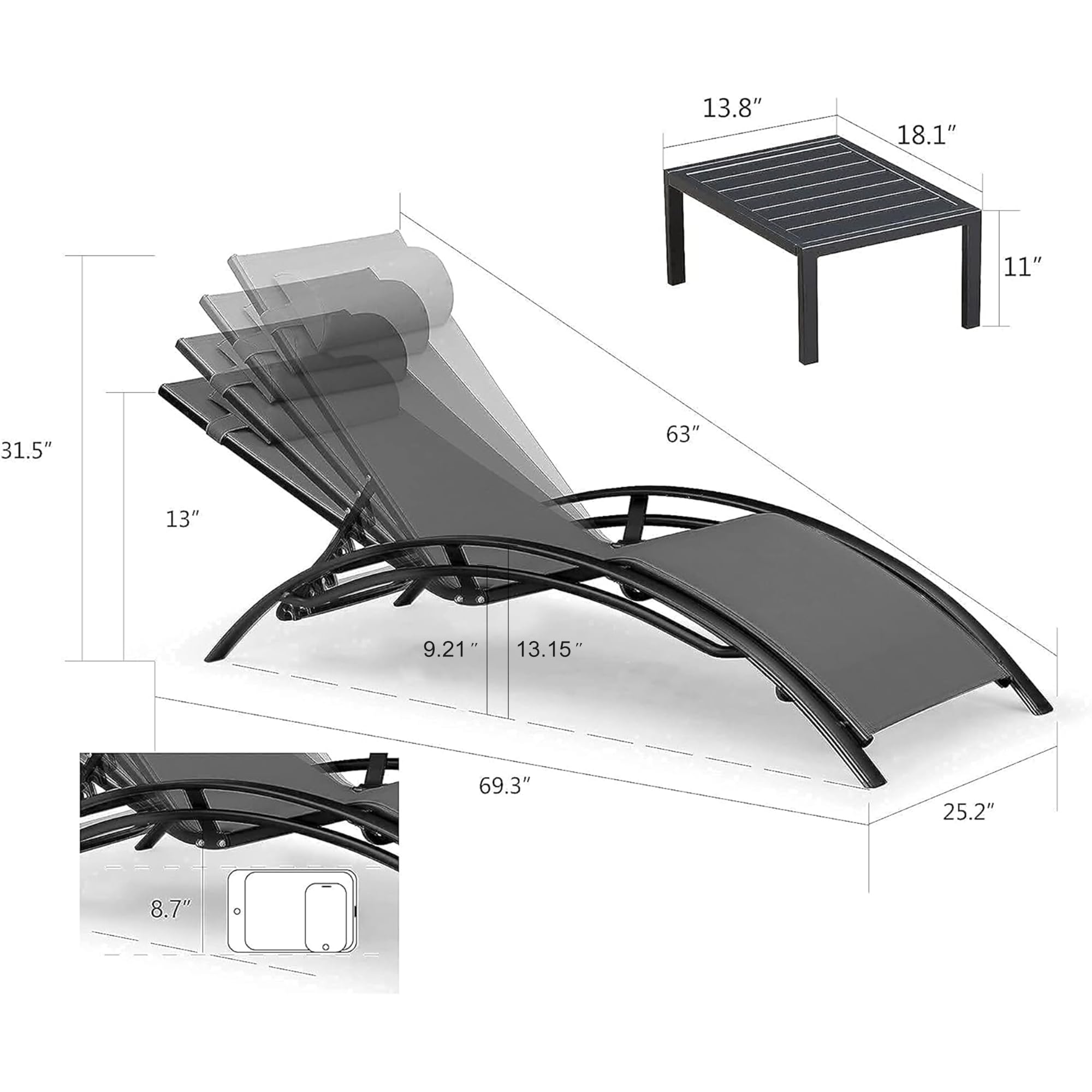 PURPLE LEAF Patio Chaise Lounge Chair Set with 2 Side Table Outdoor Pool Adjustable Recliner Chairs for Outside Beach Poolside Sunbathing Tanning Lounger