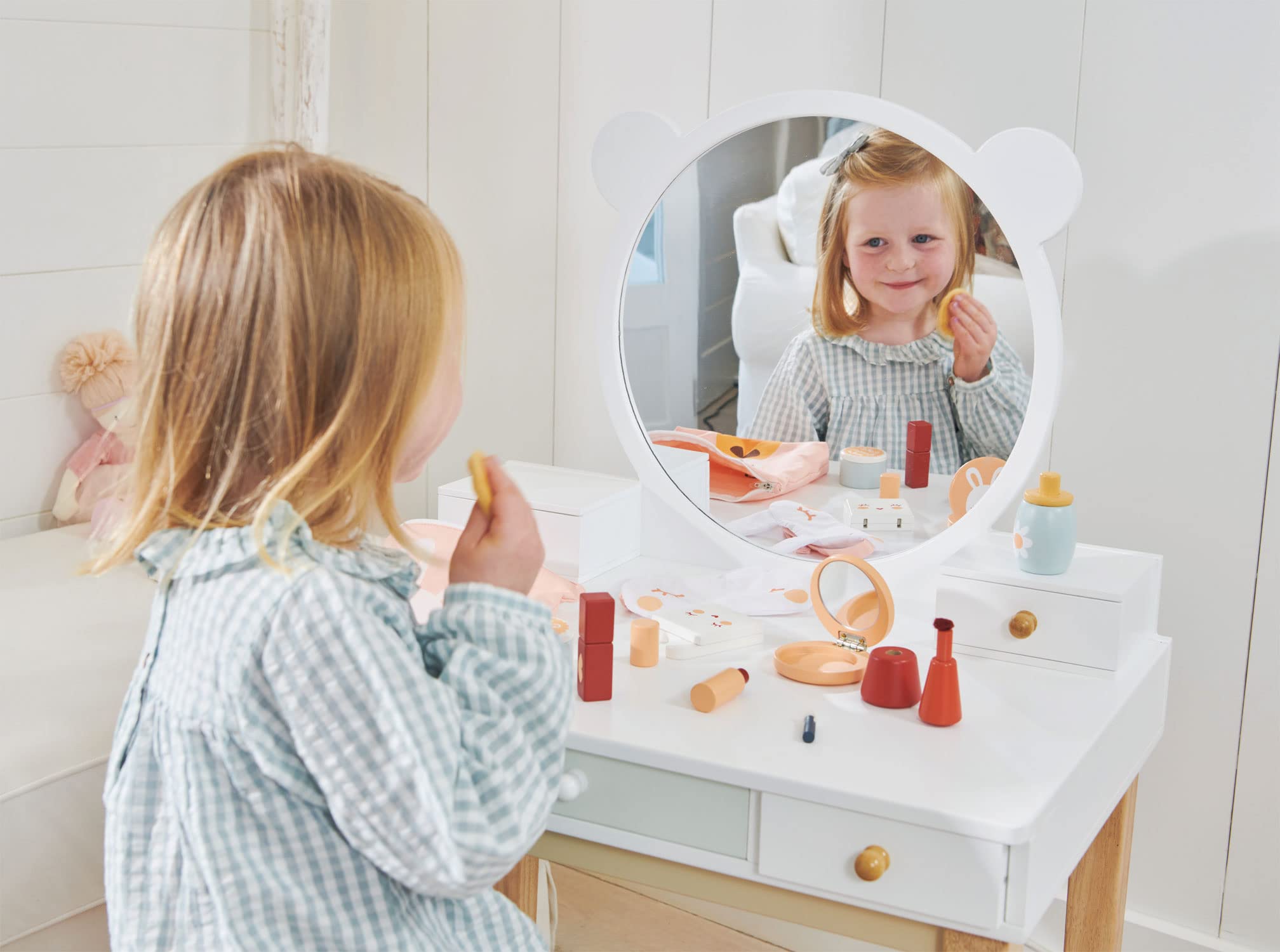 Tender Leaf Toys - Forest Dressing Table - Stunning Wooden Dressing Table and Stool Set - Storage Galore with Large Mirror for Boys and Girls, Enhances Creative Play - Age 3+