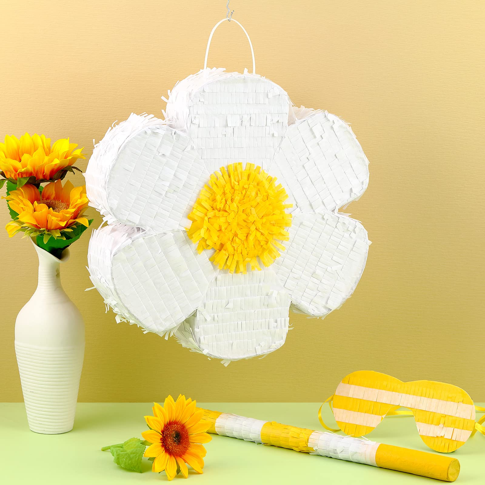 Daisy Flower Piñata Flower Piñata Daisy Hippie Boho Piñata Hanging Gender Reveal Piñata with Blindfold and Stick for Birthday Baby Shower Gender Reveal Wedding Floral Party Supplies