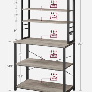 VASAGLE Coffee Bar, 31.5 Inches Baker's Rack for Kitchen with Storage, 6-Tier Kitchen Shelves with 6 Hooks, Microwave Stand, Industrial, Greige and Black UKKS019B02