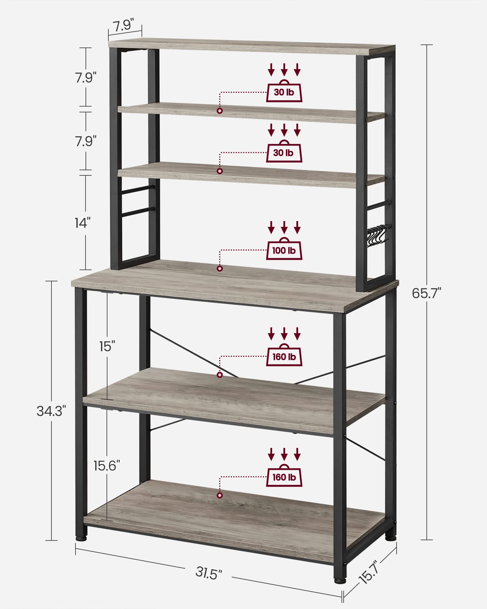 VASAGLE Coffee Bar, 31.5 Inches Baker's Rack for Kitchen with Storage, 6-Tier Kitchen Shelves with 6 Hooks, Microwave Stand, Industrial, Greige and Black UKKS019B02