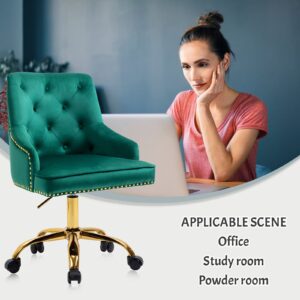 MOJAY Modern Mid-Back Tufted Office Chair, Swivel Height-Adjustable Accent Home Desk Chair,Cute Velvet Soft Seat Vanity Chair with Rivet and Arm Support (Green)