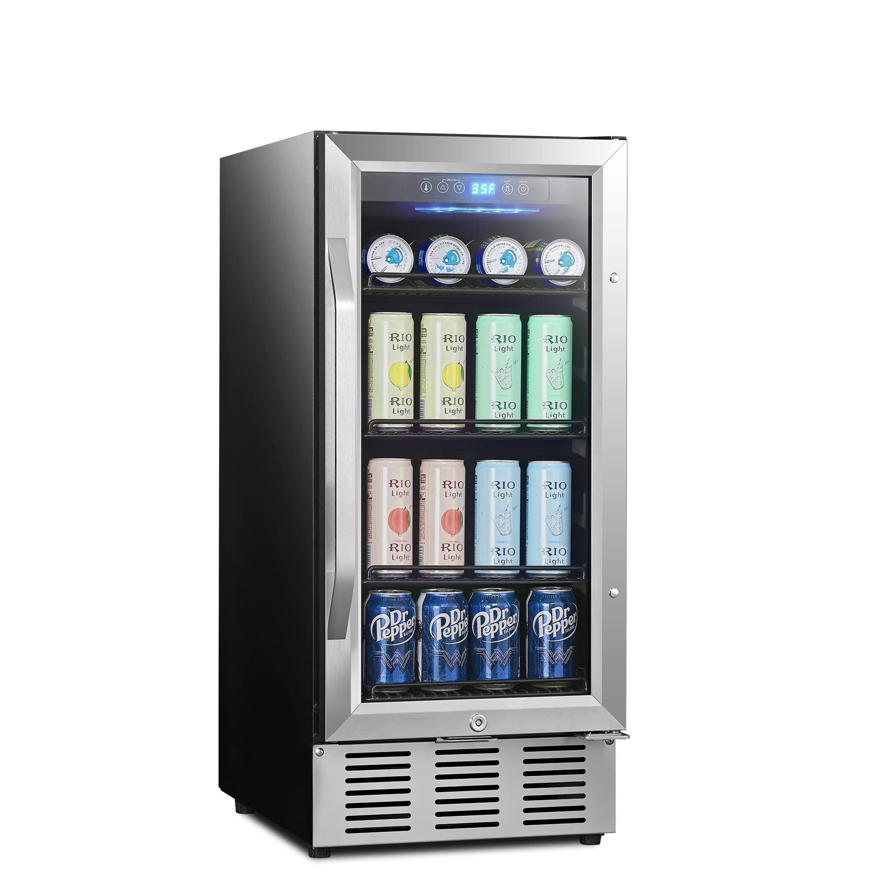 Karcassin 15 Inch Beverage Refrigerator, Beverage Cooler Under Counter, 126 Cans Quiet Beverage Fridge with Glass Door for Built-in or Freestanding With Temperature Memory Function