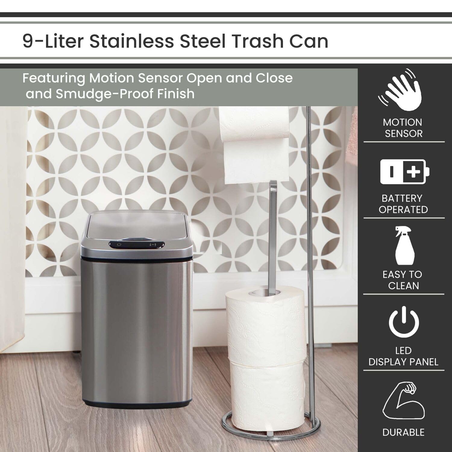 Hanover Home Hands-Free Metal Trash Can with Fingerprint-Resistant Finish, Soft-Close Motion Sensor Lid, and Removable Bin for Bathroom and Bedroom - 2.3 Gallons (9 Liters) in Stainless Steel