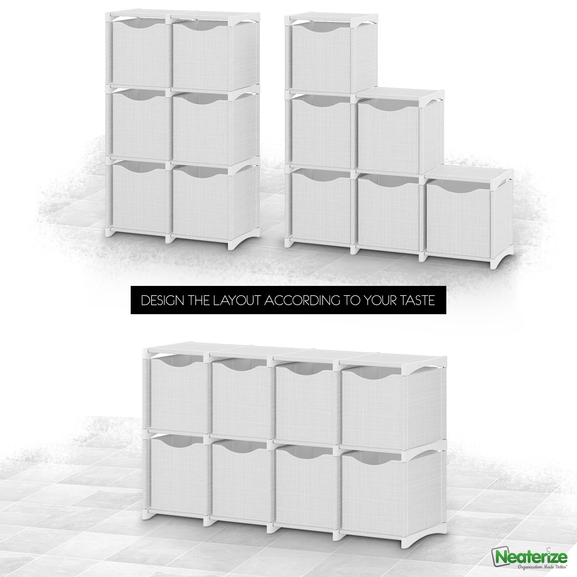 8 Cube Storage Organizer Set. Includes Eight 11 inch Storage Cube Bins. DIY Fabric Storage Cube Shelves for Closet Organization Clothes, Books, Toys. Used in Playroom and Bedroom. (White -Grey)