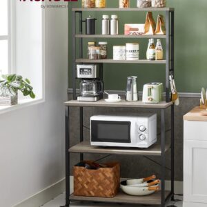 VASAGLE Coffee Bar, 31.5 Inches Baker's Rack for Kitchen with Storage, 6-Tier Kitchen Shelves with 6 Hooks, Microwave Stand, Industrial, Greige and Black UKKS019B02