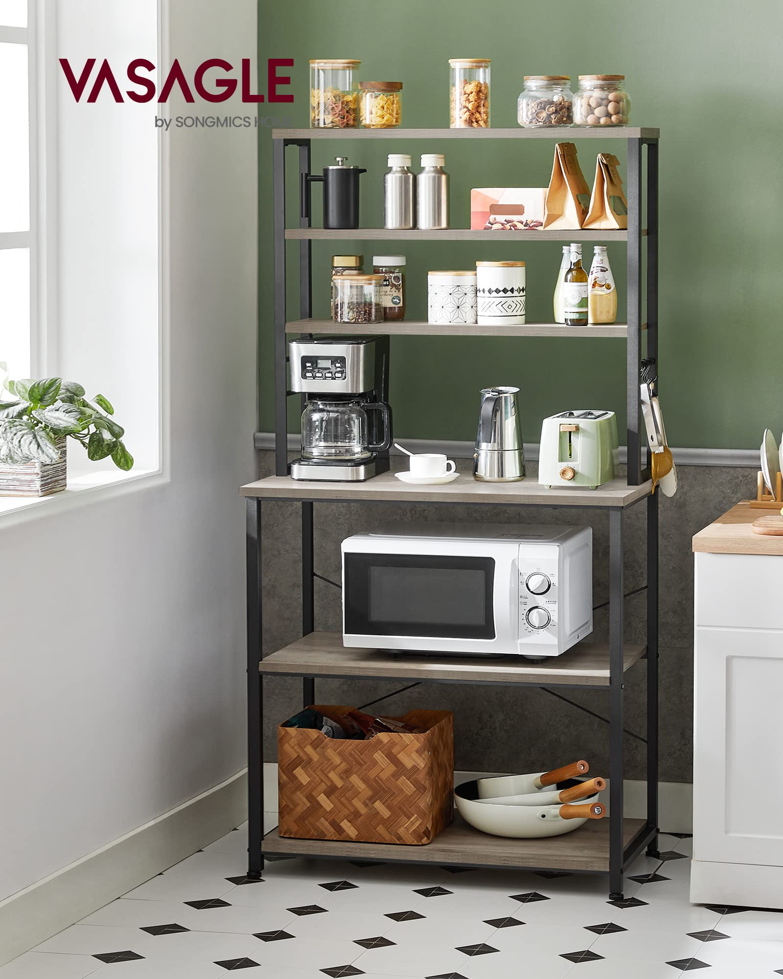 VASAGLE Coffee Bar, 31.5 Inches Baker's Rack for Kitchen with Storage, 6-Tier Kitchen Shelves with 6 Hooks, Microwave Stand, Industrial, Greige and Black UKKS019B02