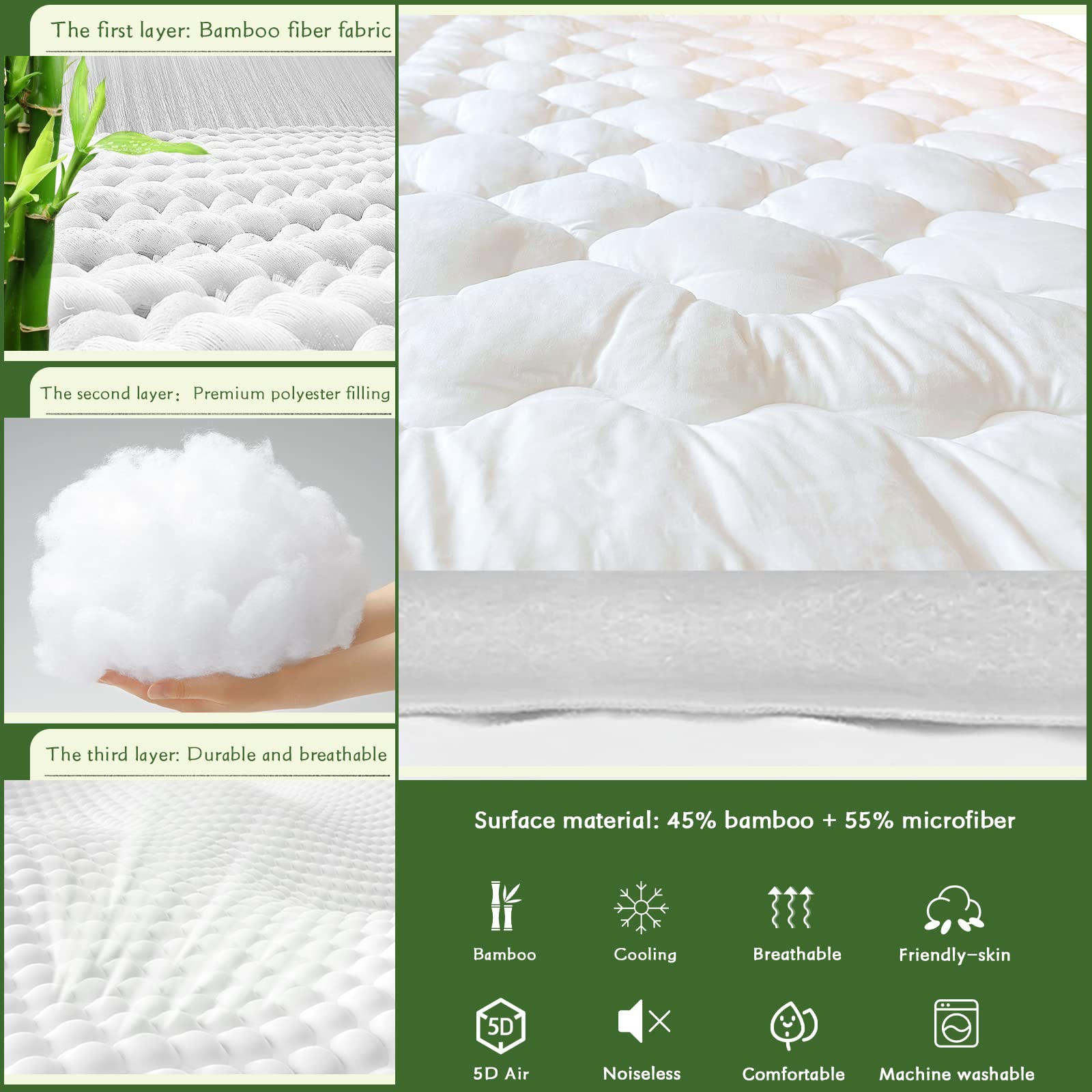 GRT Mattress Pad Cover Rayon from Bamboo Full Size, Extra Thick Quilted Fitted Mattress Topper with 19 Inches Deep Pocket, Cooling Breathable and Noiseless Mattress Cover