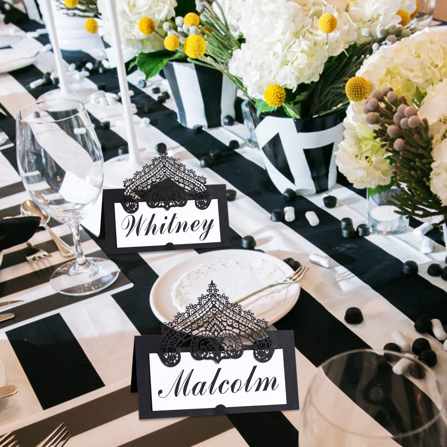 50 Pcs Laser Cut Wedding Place Cards Tented Name Card Folded Cards Blank Cardstock for Wedding, Banquet tables,Table Setting, Buffet, Baby Shower, Bridal Shower (Black)