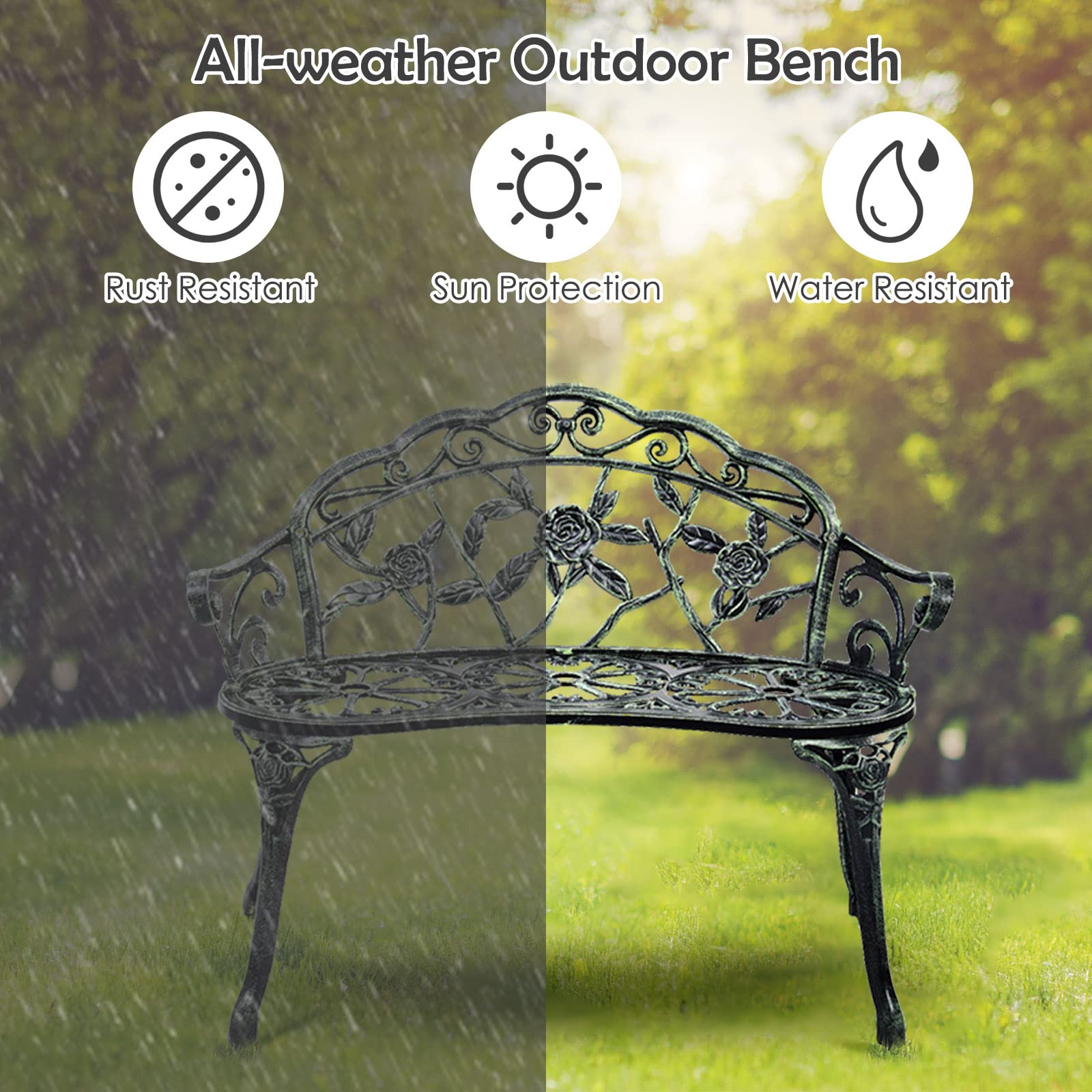 Tangkula Outdoor Garden Bench Park Bench, All-Weather Patio Bench Chair with Cast Aluminum Seat & Backrest, Porch Loveseat with Cast Iron Handle & Legs, Outdoor Bench for Patio Garden Lawn Park Deck