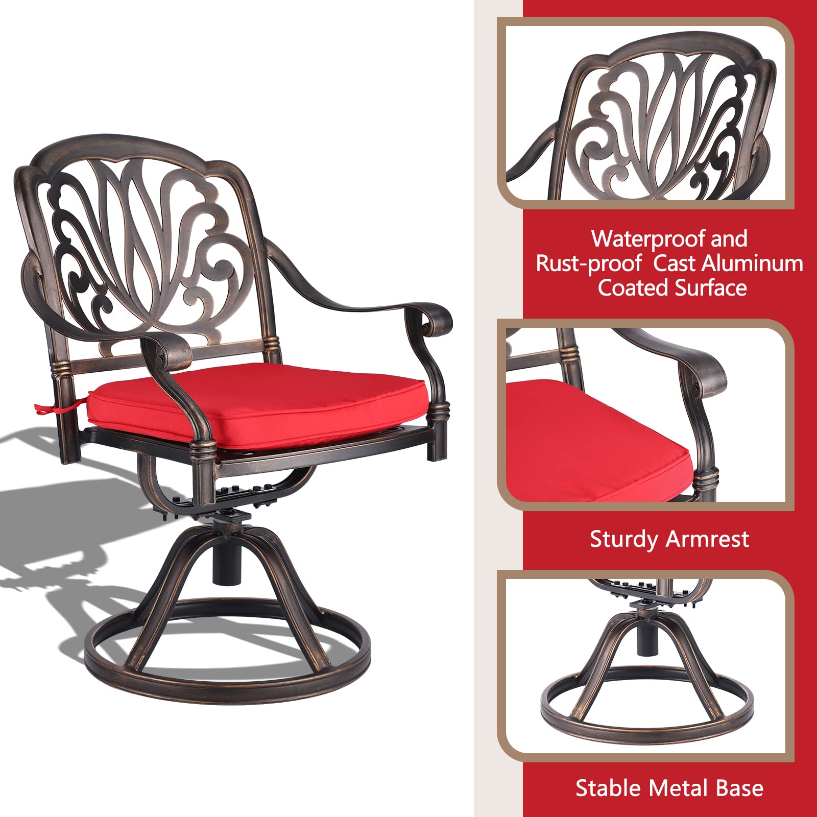 MAGIC UNION 2 Pieces Patio Dining Chairs, Outdoor Cast Aluminum Swivel Chairs with Armrest, Patio Bistro Rocking Chair Set of 2 for Garden, Backyard, Deck (2pc E- Swivel Chair) (red)