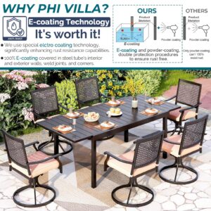 PHI VILLA Outdoor Patio Dining Table and Chairs Set of 7 Pieces Patio Furniture Set Metal Extendable Table and 6 Black Swivel Dining Chairs with Cushion for Bistro Backyard Garden