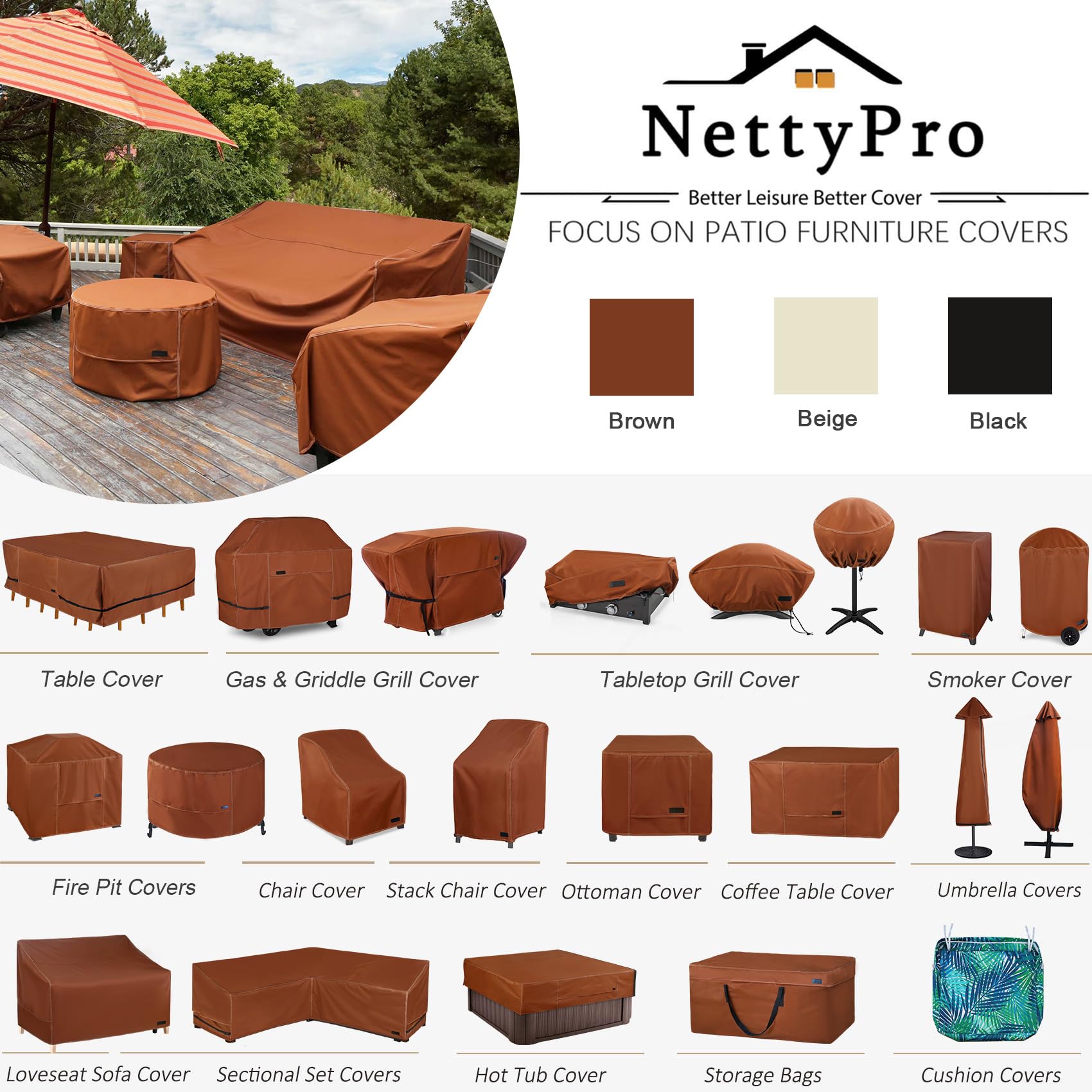 NettyPro Outdoor Cushion Slipcovers Waterproof 4 Pack Patio Chair Seat Cushion Covers with Zipper and Tie, 22 x 20 x 4 Inch, Replacement Cover Only, Khaki