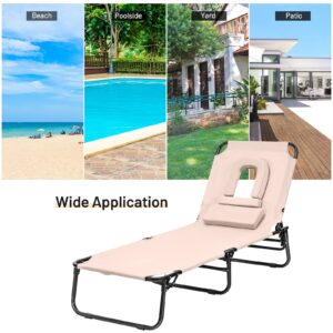 Tangkula Folding Chaise Lounge Chair with Hole for Face, Outdoor 5-Position Adjustable Reclining Beach Sunbathing Chair, Portable Face Down Tanning Chair for Patio Backyard Poolside Beach (2, Beige)