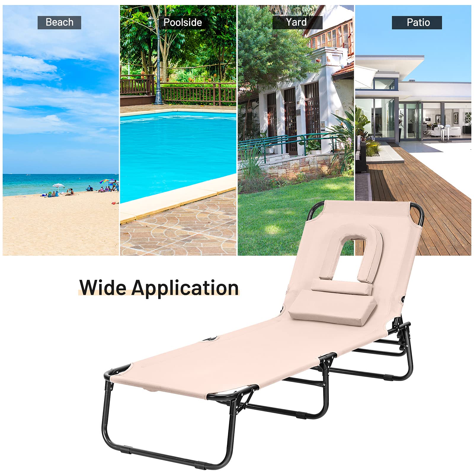 Tangkula Folding Chaise Lounge Chair with Hole for Face, Outdoor 5-Position Adjustable Reclining Beach Sunbathing Chair, Portable Face Down Tanning Chair for Patio Backyard Poolside Beach (2, Beige)