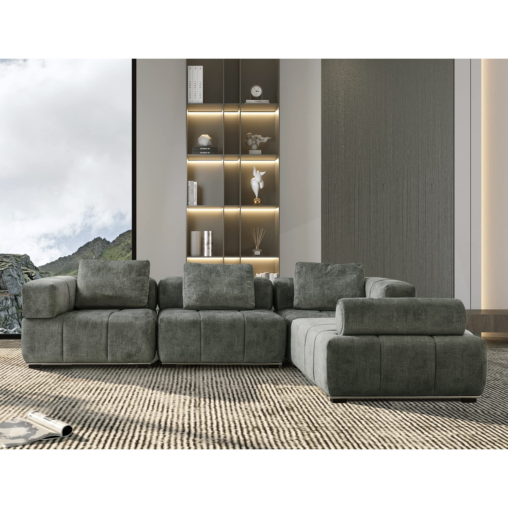 Acanva Convertible Modular Sectional Sofa, Modern L-Shaped Couch for Living Room and Lounge with Removable Ottoman Flannel Upholstered, 4 Piece Set, Grey