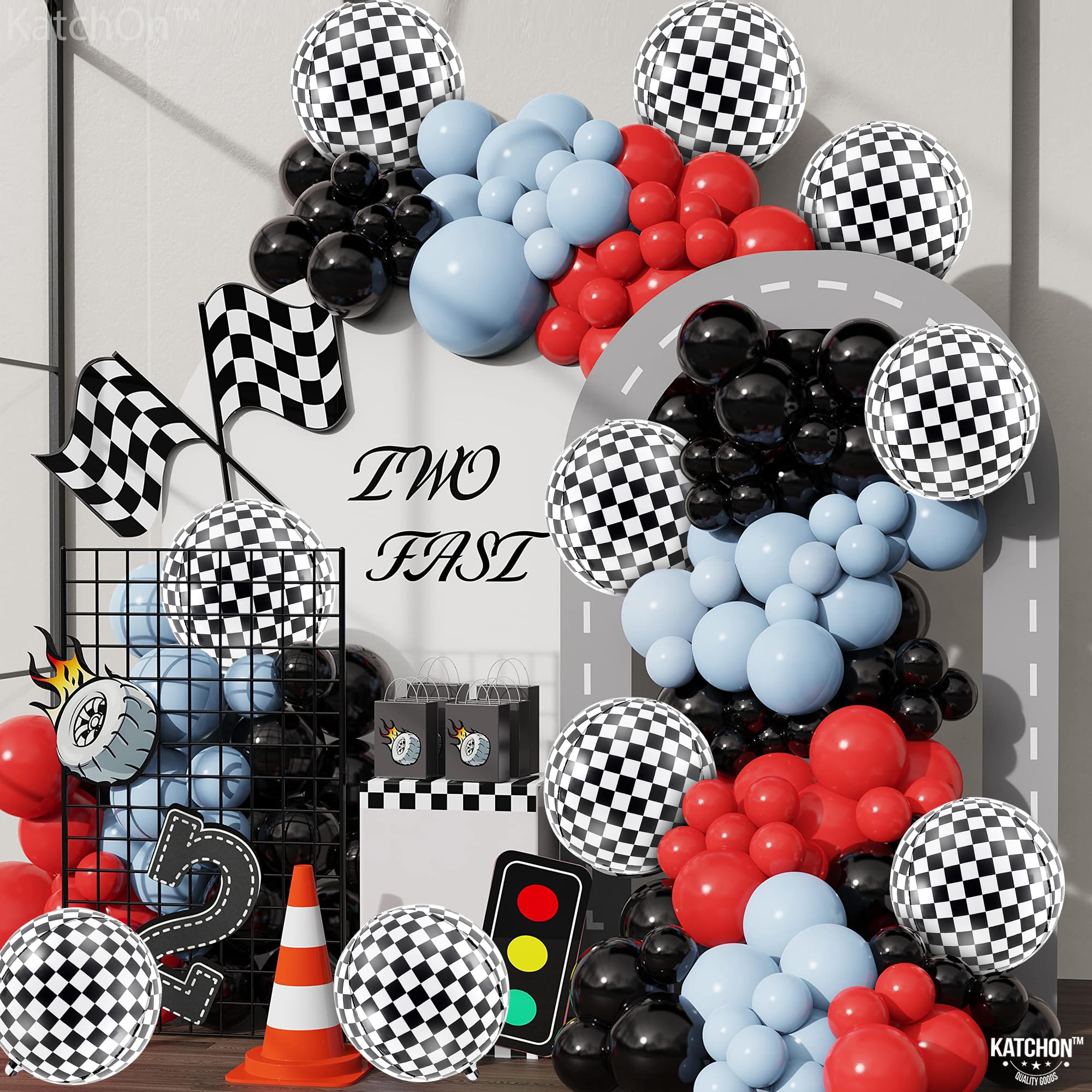 KatchOn, Black and White Checkered Balloons - 22 Inch, Pack of 12 | 4D Race Car Balloons for Emo Party Decorations | Checkered Flag Balloons, Checker Balloons for One Happy Dude Birthday Decorations