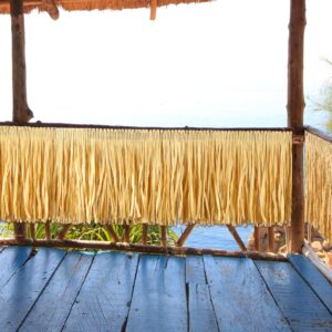 hawaiian luau grass raffia fringe banner table skirt for tropical birthday party tiki bar decoration hula tiki raffia grass table banner for summer beach party, 157 (w) x12 (h) (straw color, 2 pcs)