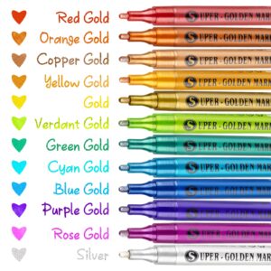 SAKEYR Super Golden Metallic Paint Markers, 12 Colors Sparkle Metallic Glitter Markers, Acrylic Paint Pens for Rock Painting, Glass, Wood, Fabric, Black Paper, Cards, Scrapbook, DIY Art Crafts (2-3mm)