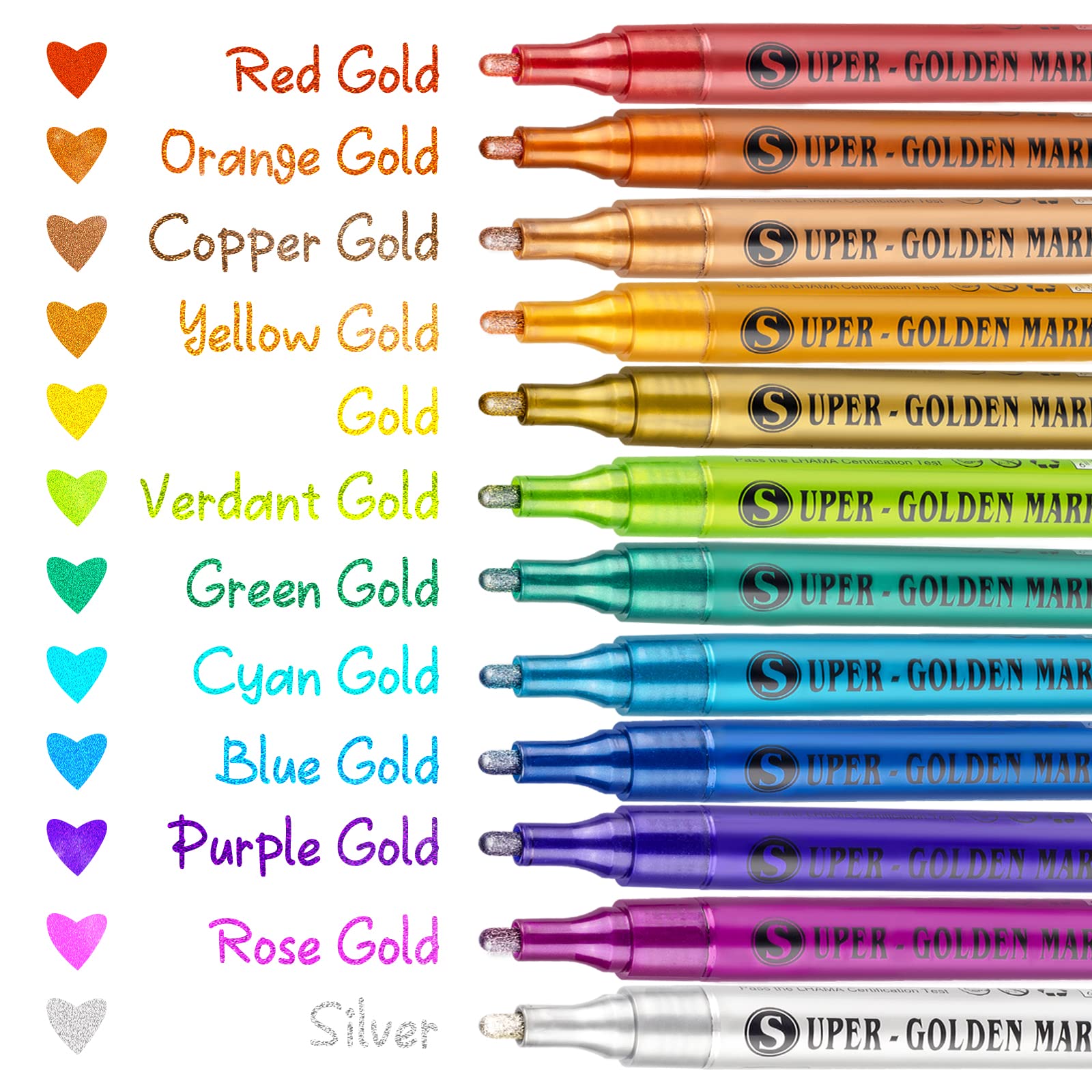 SAKEYR Super Golden Metallic Paint Markers, 12 Colors Sparkle Metallic Glitter Markers, Acrylic Paint Pens for Rock Painting, Glass, Wood, Fabric, Black Paper, Cards, Scrapbook, DIY Art Crafts (2-3mm)