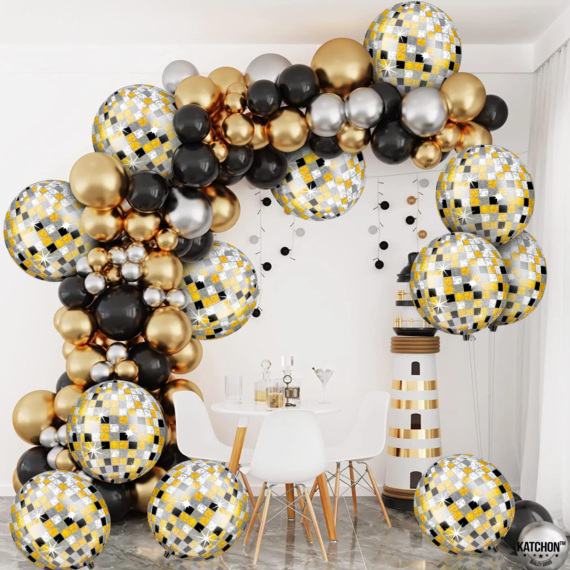 KatchOn, Huge Disco Ball Balloons -22 Inch, Pack of 12 | Black And Gold Disco Balloons for Disco Party Decorations | 360 Degree 4D Sphere Disco Balloons | Graduation Decorations Class of 2024