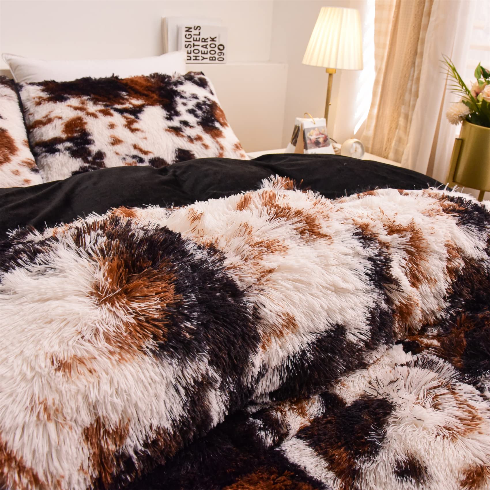 Aimuan Cow Print Duvet Cover Shaggy Fluffy Tie Dye Brown Black Velvet Bedding Set Super Soft Faux Fur Fuzzy Comforter Cover with Pillowcases (Coffee-Black, King)