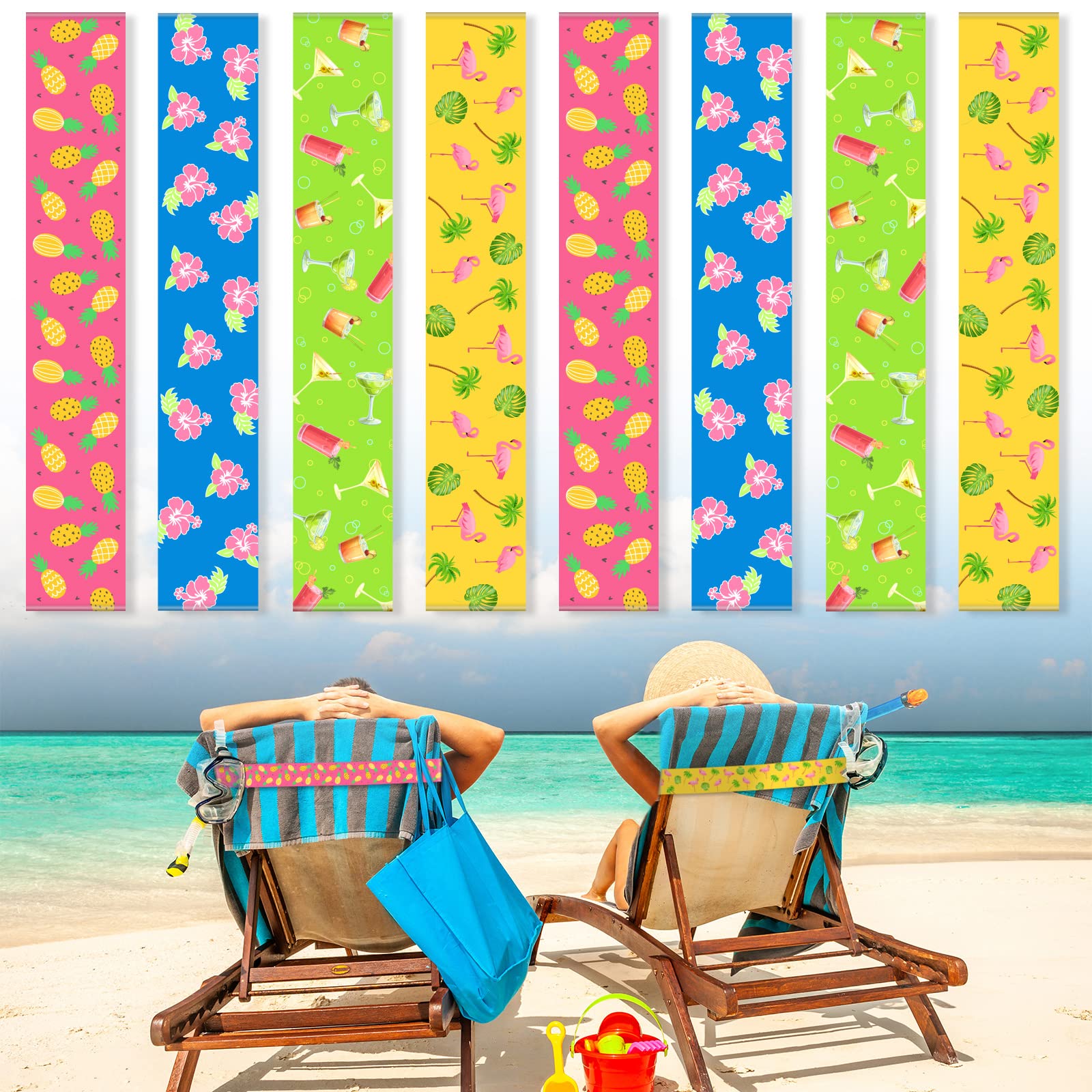 Boao 8 Pack Towel Bands for Beach Chairs Cruise Towel Clips for Lounge Beach Pool Chairs Towel Strap Holder Elastic Windproof for Summer Pool Hawaiian Christmas Beach Accessories (Lovely Style)