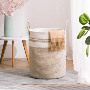 youdenova woven rope laundry hamper with handles, 41l laundry basket for blanket storage, heavy duty clothes hamper for bedroom-16 x 14 x 14 inches-brown