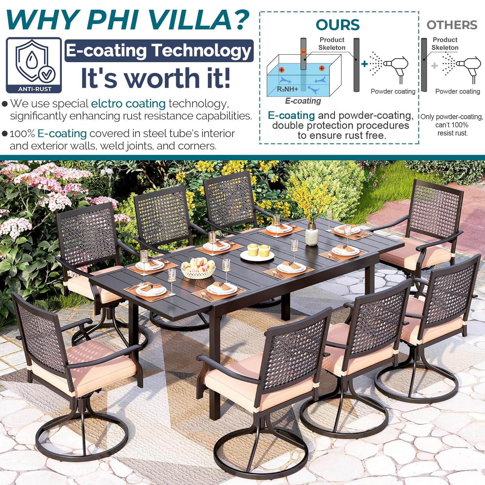 PHI VILLA Outdoor Dining Table and Chairs Set for 8, 9 Pieces Patio Metal Expandable Rectangular Table and Black Swivel Chairs with Cushions, Dining Furniture Set for Backyard, Porch