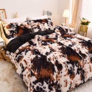 Aimuan Cow Print Duvet Cover Shaggy Fluffy Tie Dye Brown Black Velvet Bedding Set Super Soft Faux Fur Fuzzy Comforter Cover with Pillowcases (Coffee-Black, King)