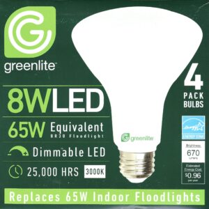 Greenlite LED BR30 Light Bulb, 65W = 8W, Dimmable, 670 Lumens, 3000K, Bright White - 4 Pack