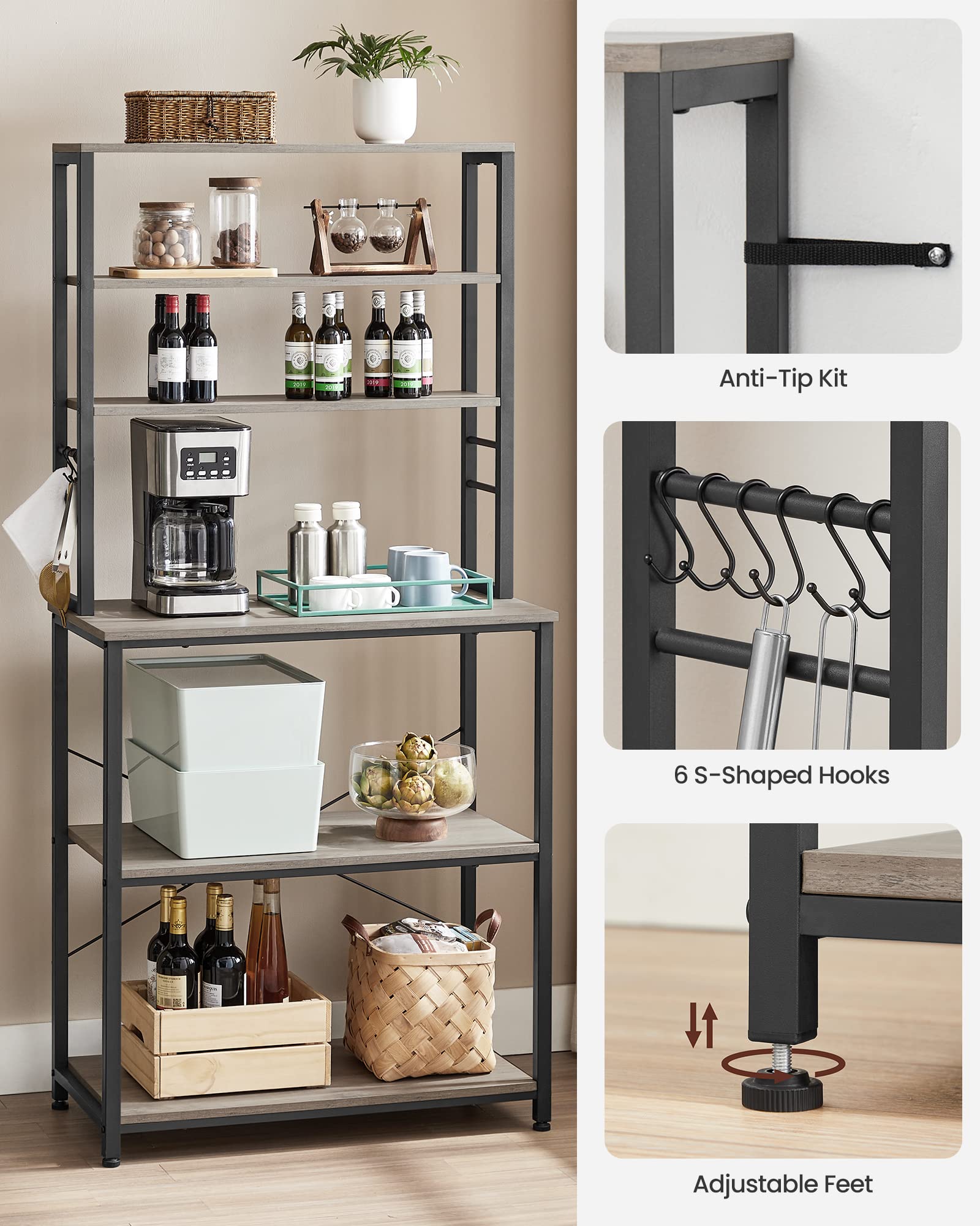 VASAGLE Coffee Bar, 31.5 Inches Baker's Rack for Kitchen with Storage, 6-Tier Kitchen Shelves with 6 Hooks, Microwave Stand, Industrial, Greige and Black UKKS019B02