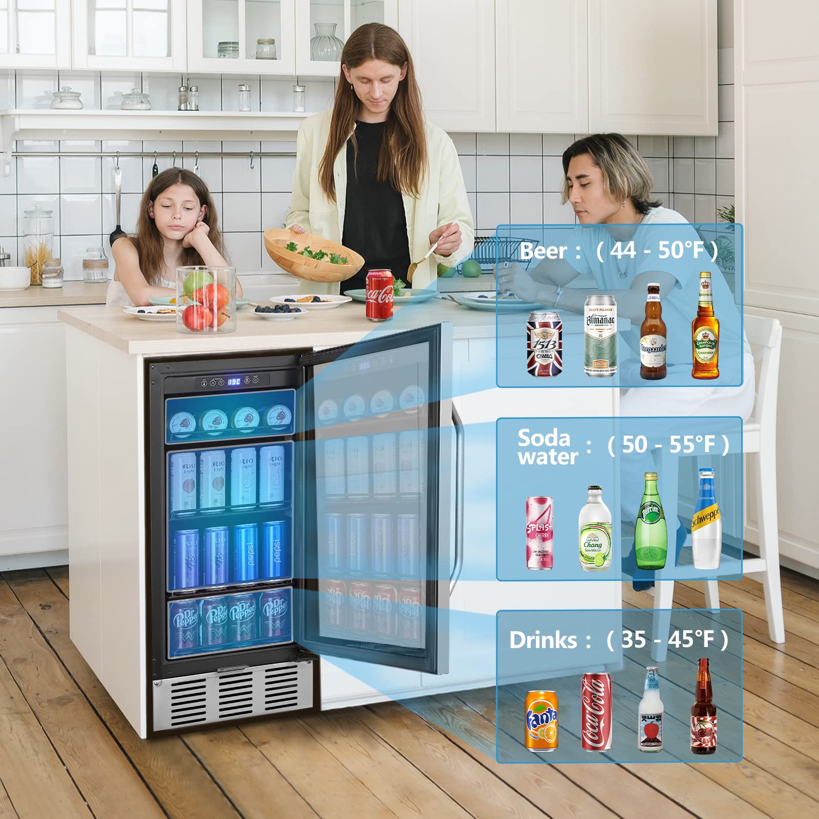 Karcassin 15 Inch Beverage Refrigerator, Beverage Cooler Under Counter, 126 Cans Quiet Beverage Fridge with Glass Door for Built-in or Freestanding With Temperature Memory Function