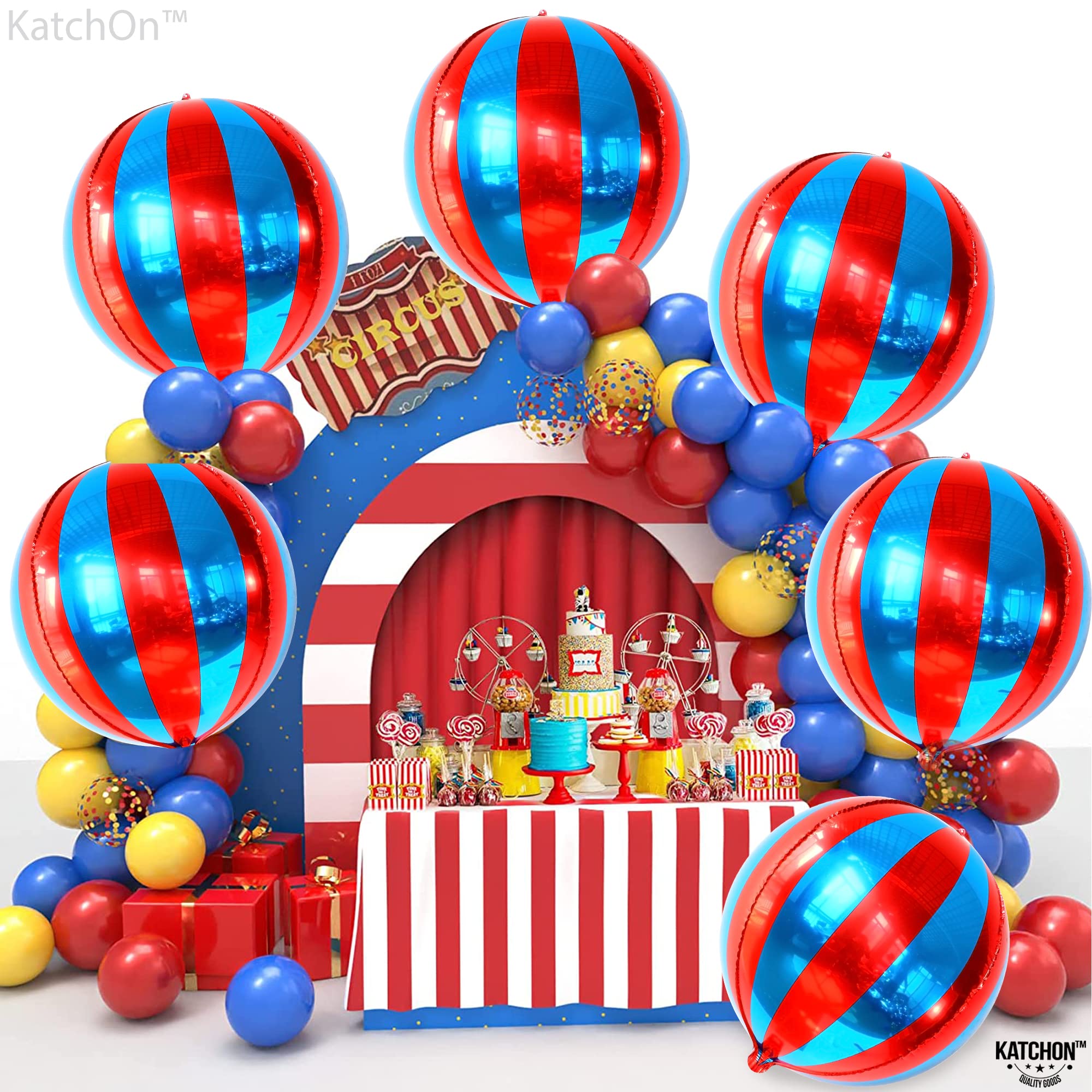 Big, Red and Blue Carnival Balloons - Pack of 6, Circus Decorations | 22 Inch 360 Degree 4D Red Blue Balloons | Carnival Theme Party Decorations | Circus Theme Party Decorations | Carnival Decorations