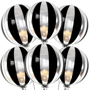 big, 22 inch black and silver balloons - pack of 6, black and silver party decorations | 360 degree 4d stripe black silver balloons | silver and black balloons for black and white party decorations