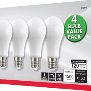 Satco S12440 A19 LED 4-Bulb Value Pack, 100W Replacement, 2700K, White