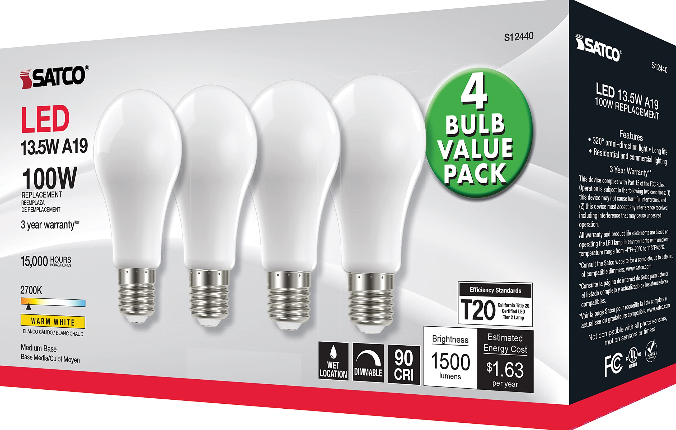 Satco S12440 A19 LED 4-Bulb Value Pack, 100W Replacement, 2700K, White