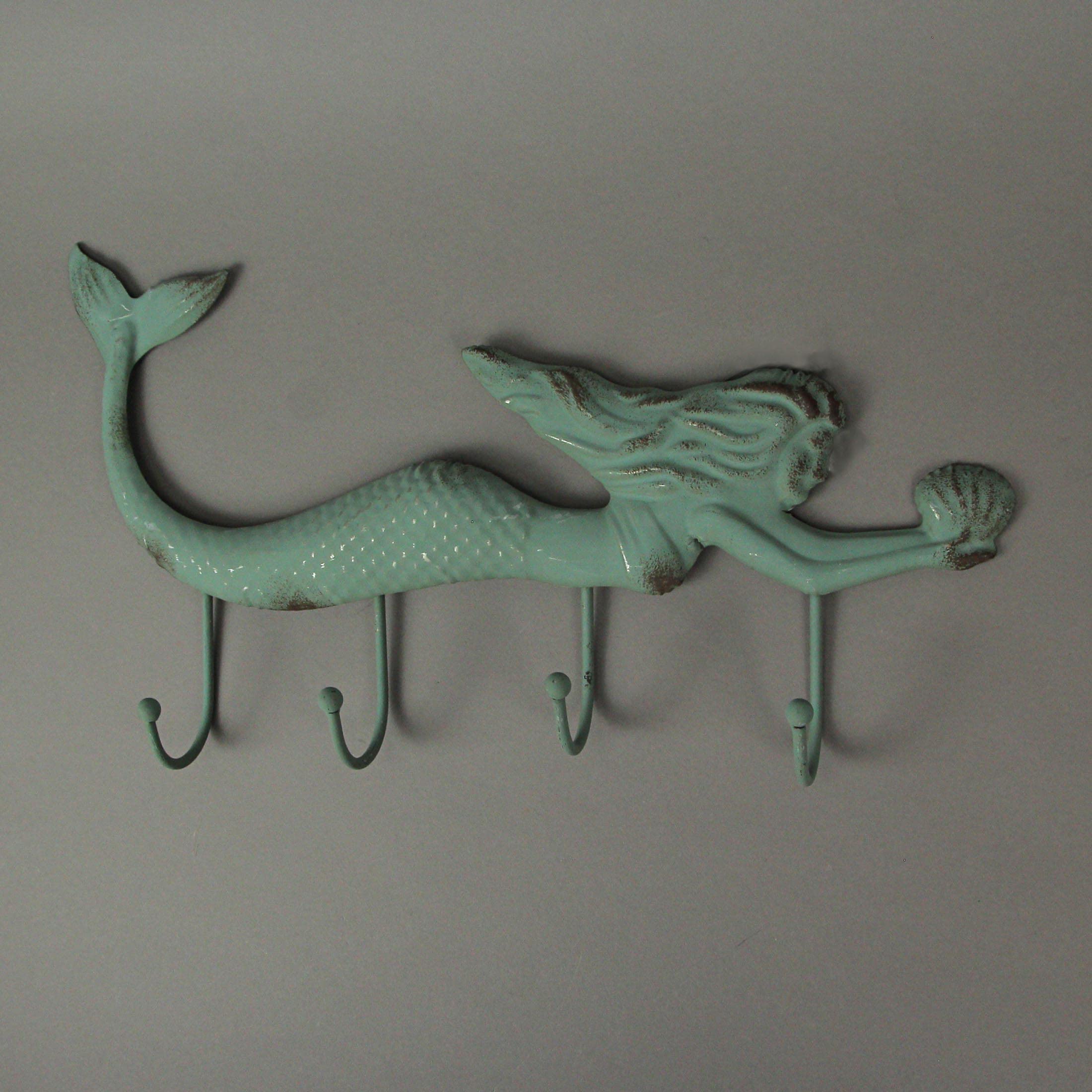 Things2Die4 Coastal Green Metal Swimming Mermaid Wall Hook Rack, Aquamarine, One Size