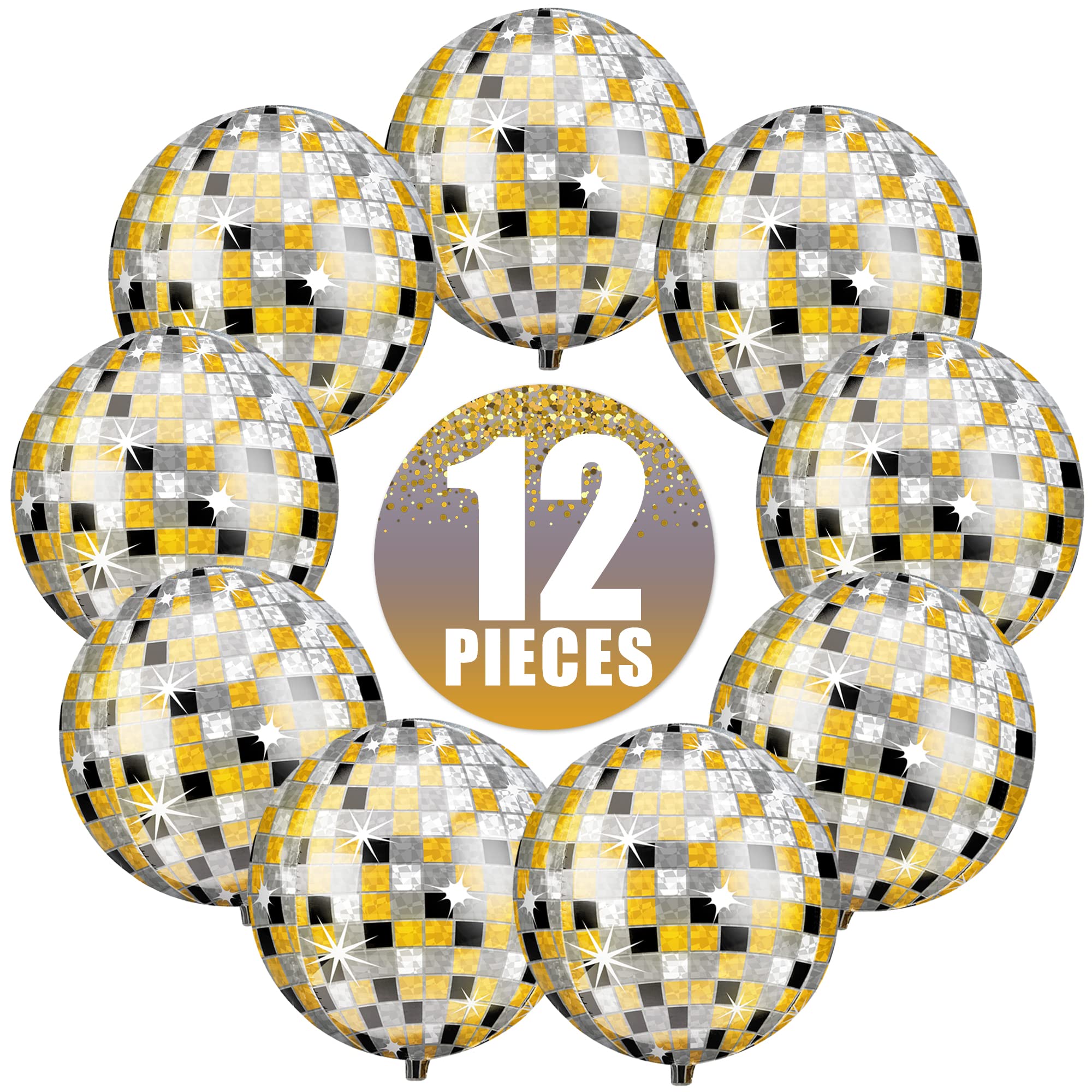 KatchOn, Huge Disco Ball Balloons -22 Inch, Pack of 12 | Black And Gold Disco Balloons for Disco Party Decorations | 360 Degree 4D Sphere Disco Balloons | Graduation Decorations Class of 2024