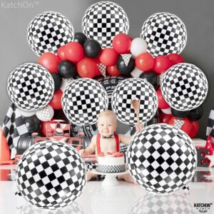 KatchOn, Black and White Checkered Balloons - 22 Inch, Pack of 12 | 4D Race Car Balloons for Emo Party Decorations | Checkered Flag Balloons, Checker Balloons for One Happy Dude Birthday Decorations