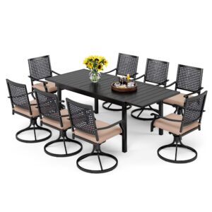 phi villa outdoor dining table and chairs set for 8, 9 pieces patio metal expandable rectangular table and black swivel chairs with cushions, dining furniture set for backyard, porch