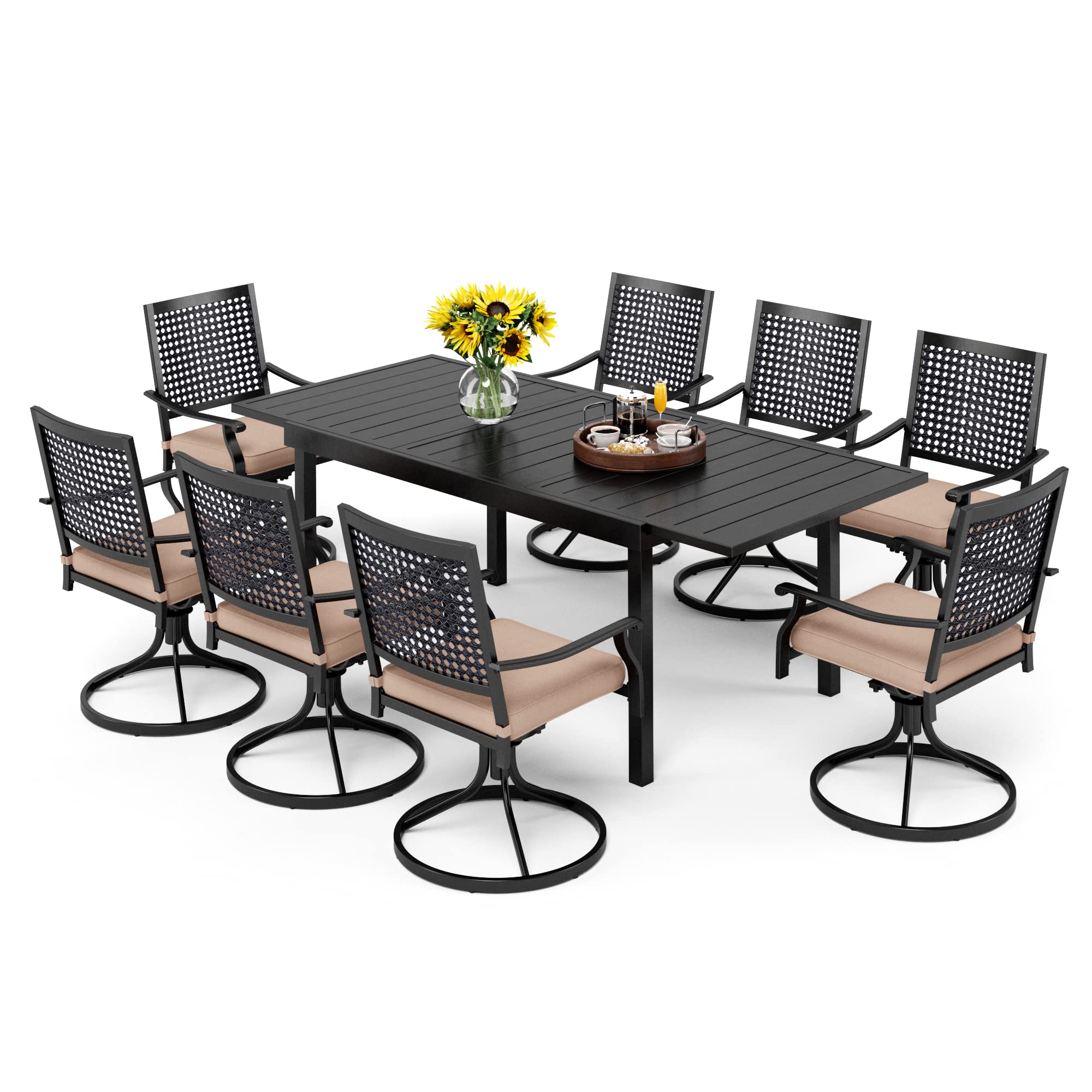 PHI VILLA Outdoor Dining Table and Chairs Set for 8, 9 Pieces Patio Metal Expandable Rectangular Table and Black Swivel Chairs with Cushions, Dining Furniture Set for Backyard, Porch