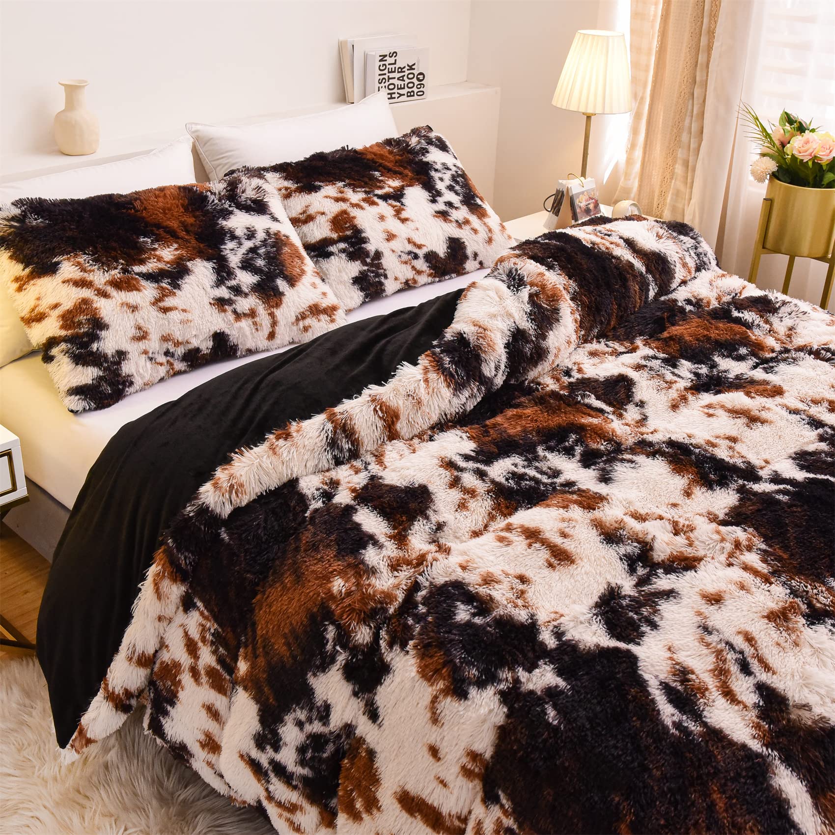 Aimuan Cow Print Duvet Cover Shaggy Fluffy Tie Dye Brown Black Velvet Bedding Set Super Soft Faux Fur Fuzzy Comforter Cover with Pillowcases (Coffee-Black, King)