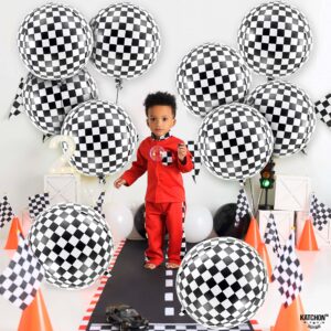 KatchOn, Black and White Checkered Balloons - 22 Inch, Pack of 12 | 4D Race Car Balloons for Emo Party Decorations | Checkered Flag Balloons, Checker Balloons for One Happy Dude Birthday Decorations